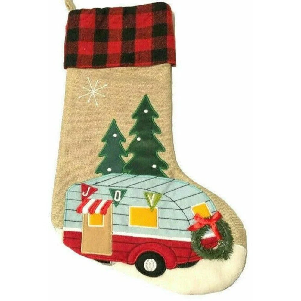 Christmas Stocking Camper RV Tree Wreath Buffalo Check Embroidered Camp Cabin